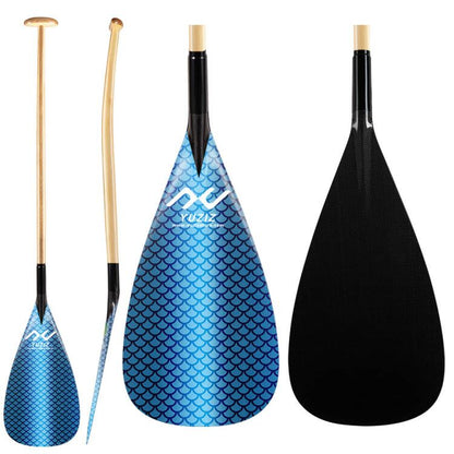 YUZIZ Outrigger Canoe Paddle Carbon Fish Scales Blade Bent Wooden Shaft for Waka Ama, va’a